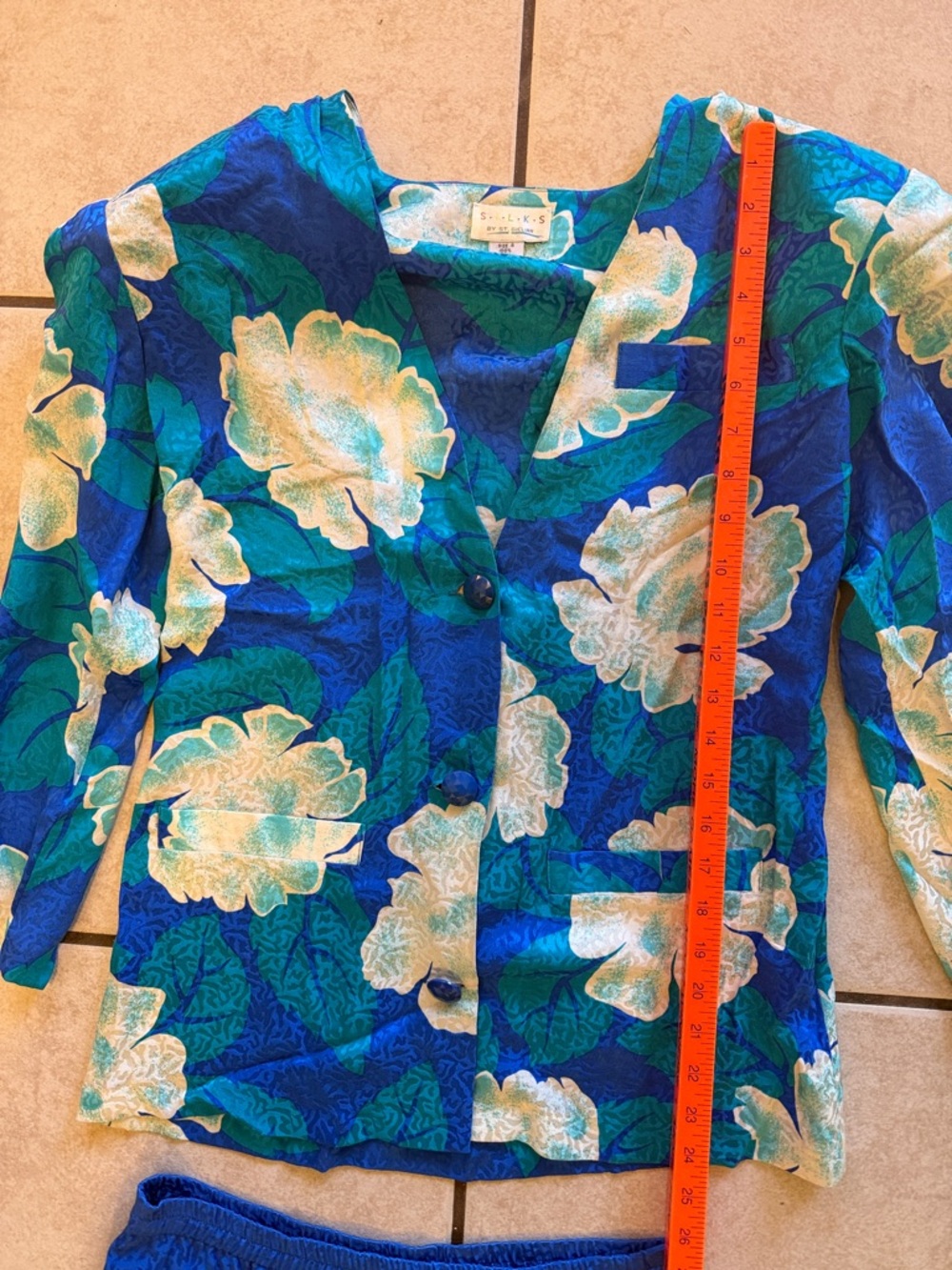 Vintage 90s 100% Silk Floral Skirt Suit Set | Blue Co-Ord Power Suit - Picture 7 of 10